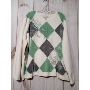 Alfred Dunner Sweater Ladies‎ 3x Green Gray Argyle Soft Beaded Embroidered Thick